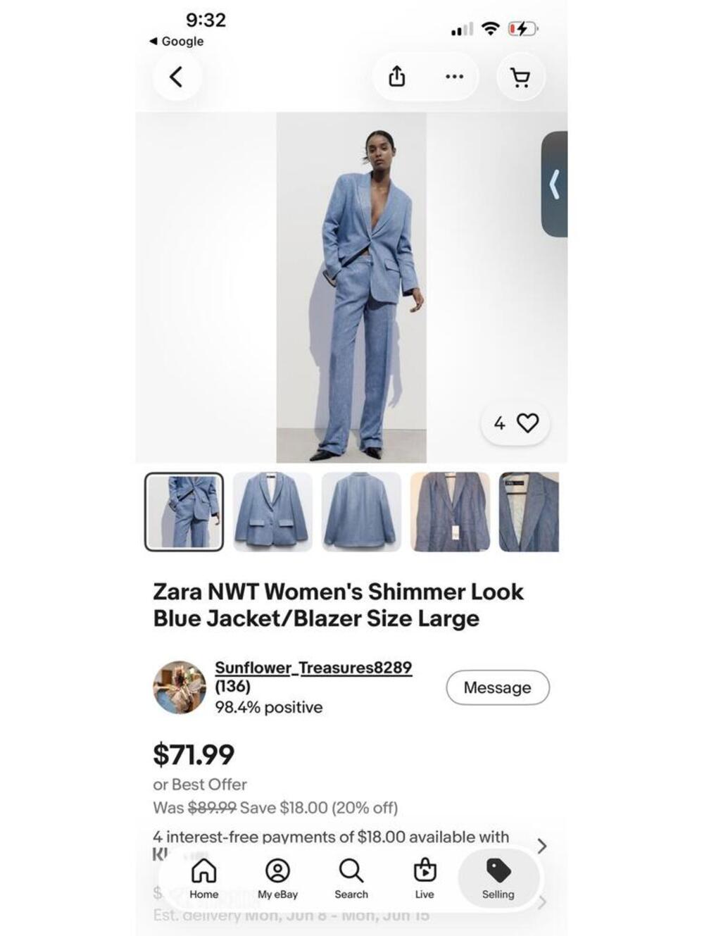 ZARA Blue Linen Blend Blazer Jacket Sz Small - Picture 8 of 9